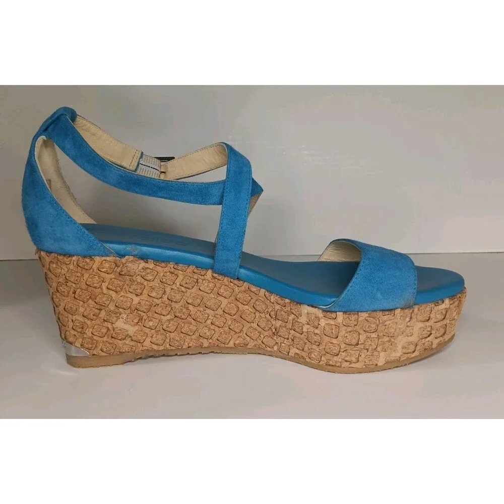 Jimmy Choo Wedge Sandals Blue Suede Cork Espadrilles Made in Spain Size 38 - Picture 13 of 16